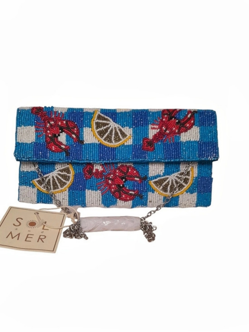 Sol Mer Beaded Lobster Gingham Crossbody Clutch Bag NWT
